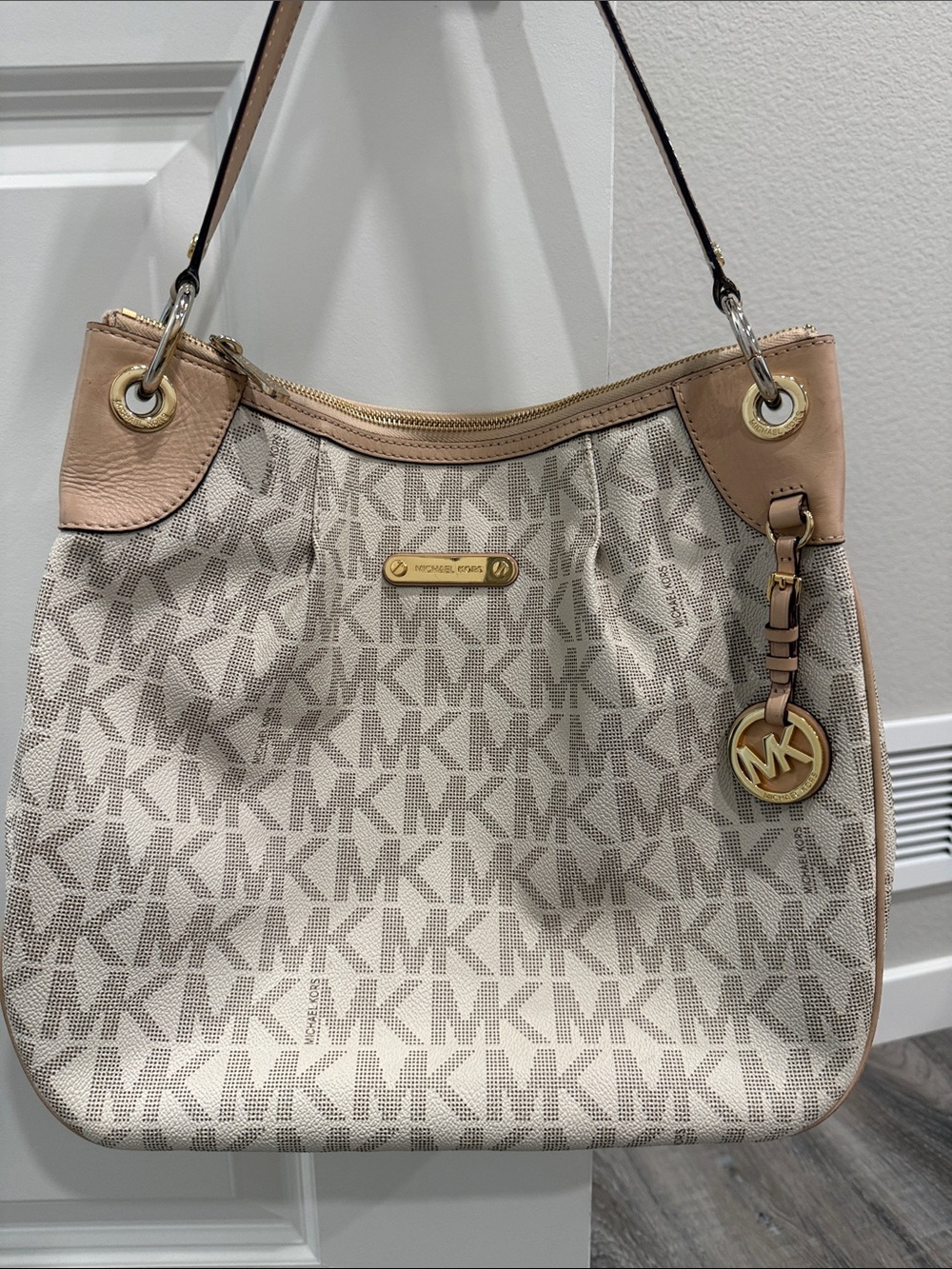 Michael Kors Beige Logo Shoulder Hobo Bag with Gold Hardware